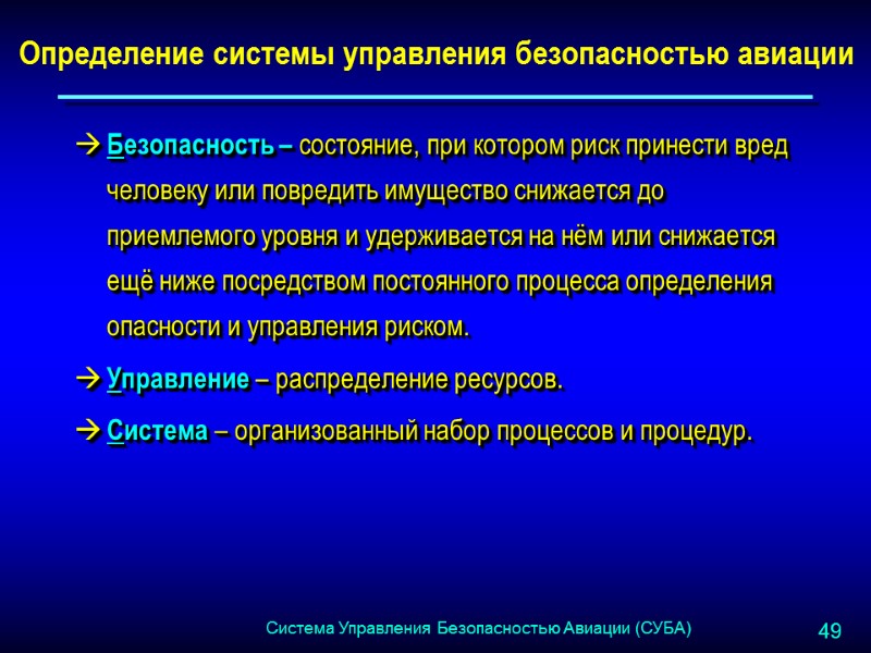 Определение системы управления безопасностью авиации Безопасность – состояние, при котором риск принести вред человеку